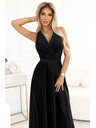 numoco Schwarzes langes Damenkleid aus Satin mit Ausschnitt und Schlitz Numoco
