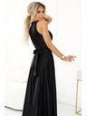numoco Schwarzes langes Damenkleid aus Satin mit Ausschnitt und Schlitz Numoco