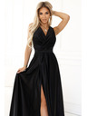 numoco Schwarzes langes Damenkleid aus Satin mit Ausschnitt und Schlitz Numoco