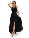 numoco Schwarzes langes Damenkleid aus Satin mit Ausschnitt und Schlitz Numoco