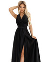 numoco Schwarzes langes Damenkleid aus Satin mit Ausschnitt und Schlitz Numoco