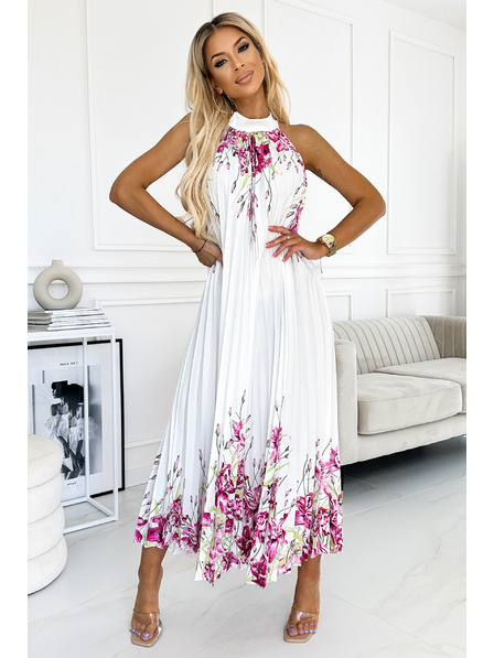 numoco Plissiertes Maxikleid aus Satin - weiß mit rosa Blumen Numoco ESTER