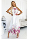numoco Plissiertes Maxikleid aus Satin - weiß mit rosa Blumen Numoco ESTER