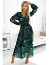 numoco Langes Kleid aus plissiertem Chiffon mit Ausschnitt, langen Ärmeln und Gürtel - grüne Blätter Numoco