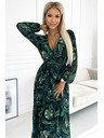 numoco Langes Kleid aus plissiertem Chiffon mit Ausschnitt, langen Ärmeln und Gürtel - grüne Blätter Numoco