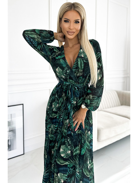numoco Langes Kleid aus plissiertem Chiffon mit Ausschnitt, langen Ärmeln und Gürtel - grüne Blätter Numoco