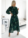 numoco Langes Kleid aus plissiertem Chiffon mit Ausschnitt, langen Ärmeln und Gürtel - grüne Blätter Numoco