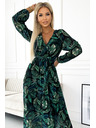 numoco Langes Kleid aus plissiertem Chiffon mit Ausschnitt, langen Ärmeln und Gürtel - grüne Blätter Numoco
