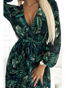 numoco Langes Kleid aus plissiertem Chiffon mit Ausschnitt, langen Ärmeln und Gürtel - grüne Blätter Numoco