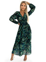 numoco Langes Kleid aus plissiertem Chiffon mit Ausschnitt, langen Ärmeln und Gürtel - grüne Blätter Numoco