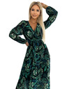 numoco Langes Kleid aus plissiertem Chiffon mit Ausschnitt, langen Ärmeln und Gürtel - grüne Blätter Numoco