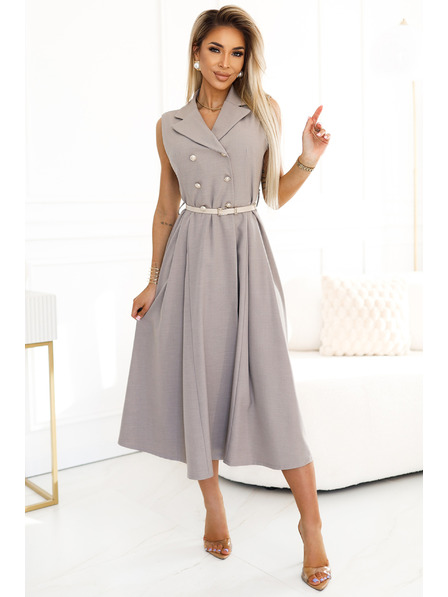 numoco Elegantes Midi-Hemdkleid mit goldenen Knöpfen und Gürtel - taupe
