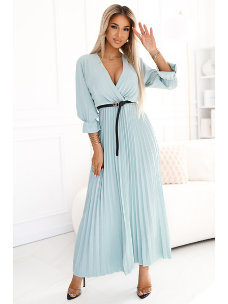 numoco Plissiertes Maxikleid mit Ausschnitt, Gürtel und 3/4 Ärmeln - Pastell Salbei