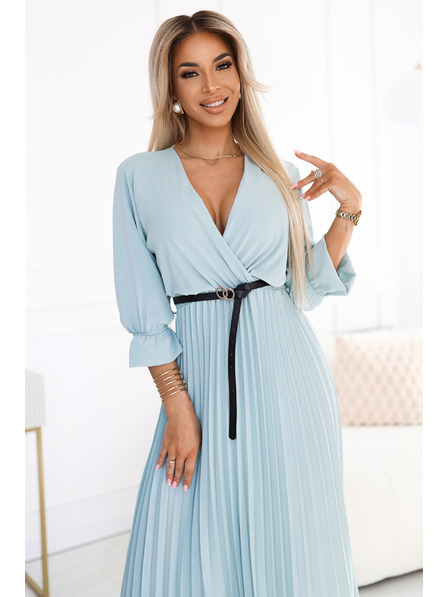numoco Plissiertes Maxikleid mit Ausschnitt, Gürtel und 3/4 Ärmeln - Pastell Salbei