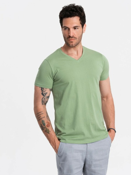 Ombre Clothing Klassisches Herren-T-Shirt BASIC mit V-Ausschnitt aus Baumwolle - grün V11 OM-TSBS-0145 Ombre Clothing
