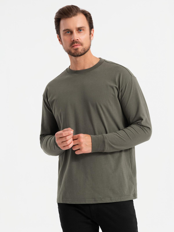 Ombre Clothing Herren Baumwoll-T-Shirt LOOSE FIT mit langen Ärmeln und Rundhalsausschnitt - grau-grün V3 OM-LSBC-0129 Ombre Clothing