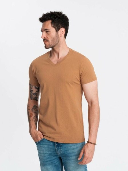 Ombre Clothing Klassisches Herren-Baumwoll-Shirt mit V-Ausschnitt BASIC - Braun V9 OM-TSBS-0145 Ombre Clothing