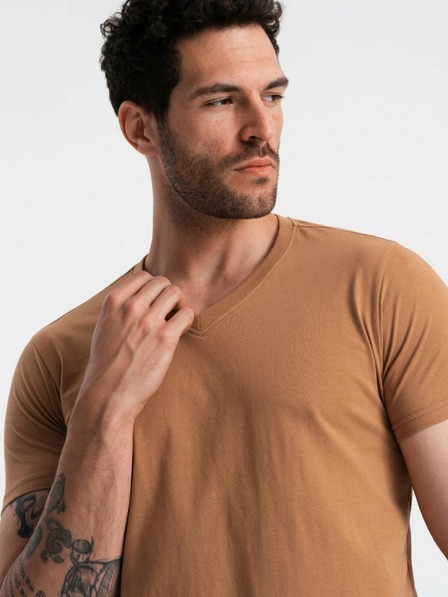 Ombre Clothing Klassisches Herren-Baumwoll-Shirt mit V-Ausschnitt BASIC - Braun V9 OM-TSBS-0145 Ombre Clothing