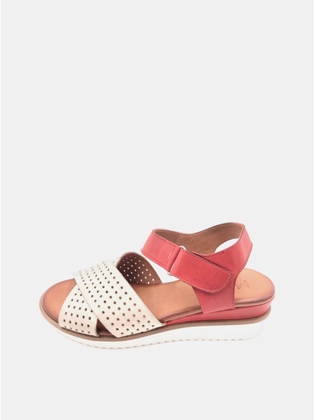 WILD Cremefarbene und rote Damen-Keilsandalen aus Leder WILD