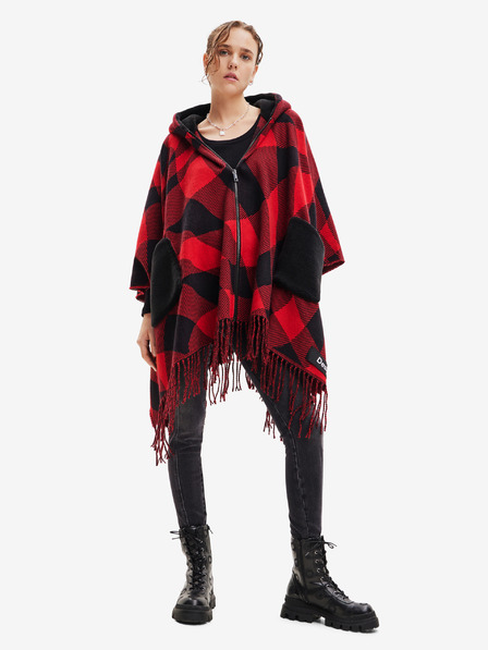 Desigual Desigual Checkys Arenal/Zipper schwarz-rot karierter Poncho für Damen