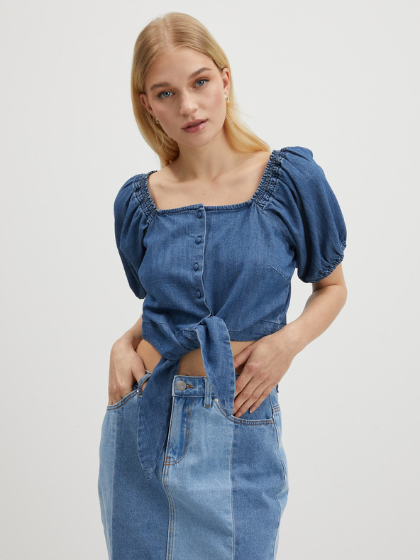 Pieces Blauer Damen-Jeans-Crop-Top Pieces Tinka