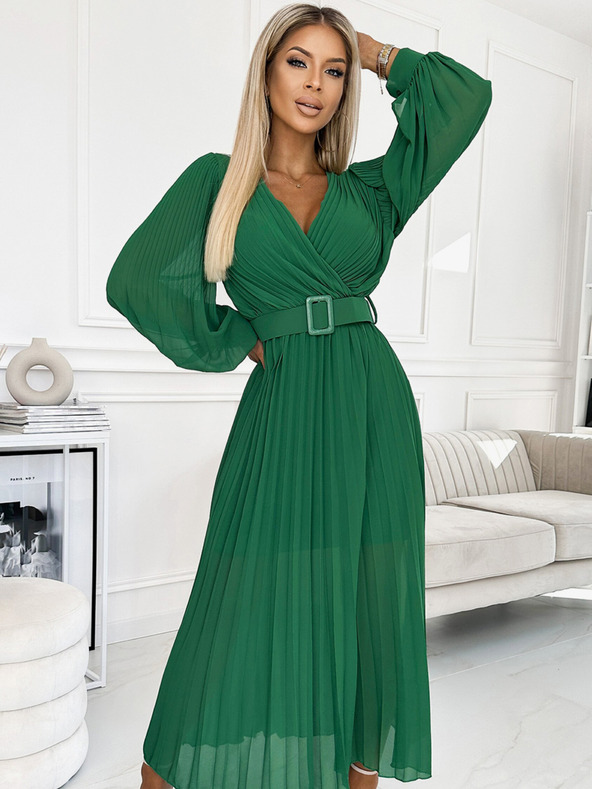 numoco 414-3 KLARA gerüschtes Kleid mit Gürtel und Ausschnitt - grün