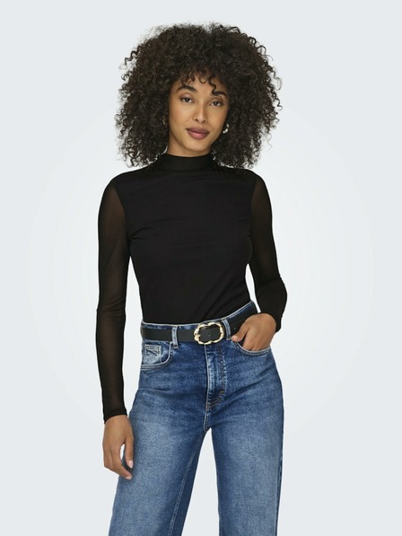 ONLY Schwarzes T-Shirt mit Stehkragen und transparentem Rücken ONLY Erica