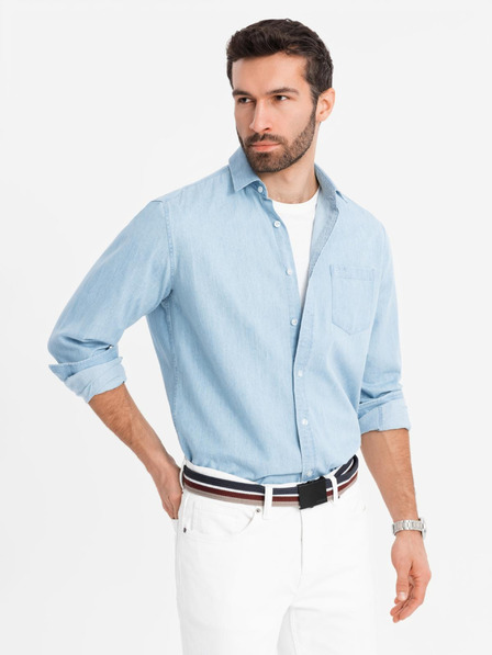 Ombre Clothing Herrenhemd aus besticktem Denim mit Tasche - hellblau Ombre Clothing