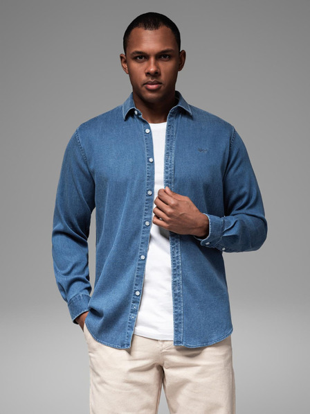 Ombre Clothing Herrenhemd aus Denim mit Lyocell und Stickerei auf der Brust - blau Ombre Clothing