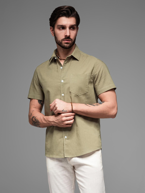 Ombre Clothing Herren-Kurzarmhemd mit Cuban-Kragen khaki Ombre Clothing