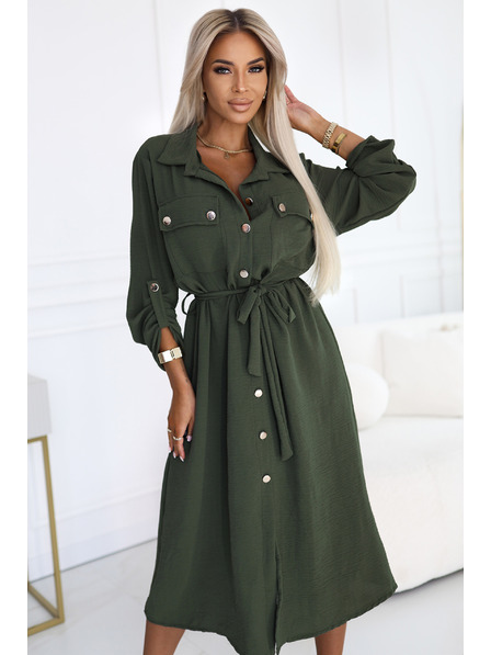 numoco 531-5 Midi-Hemdblusenkleid mit goldenen Knöpfen und Krawatte - KHAKI