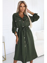 numoco 531-5 Midi-Hemdblusenkleid mit goldenen Knöpfen und Krawatte - KHAKI
