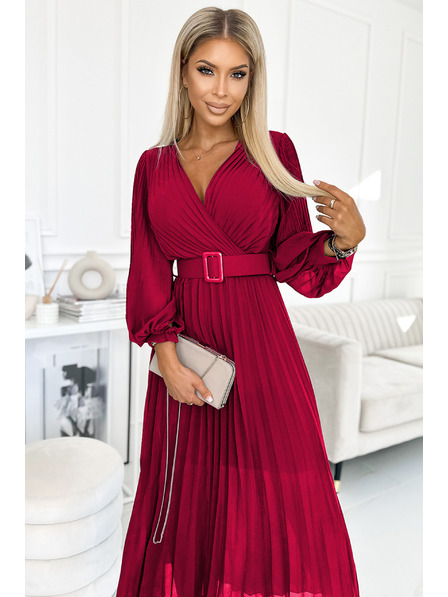 numoco 414-9 KLARA Gerafftes Kleid mit Gürtel und Ausschnitt - Weinrot