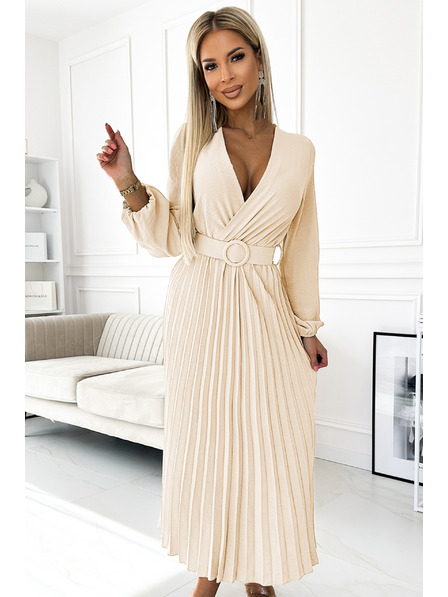 numoco 504-7 VIVIANA Plissiertes Midi-Kleid mit V-Ausschnitt, langen Ärmeln und breitem Gürtel - Hellbeige