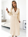numoco 504-7 VIVIANA Plissiertes Midi-Kleid mit V-Ausschnitt, langen Ärmeln und breitem Gürtel - Hellbeige
