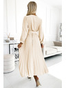 numoco 504-7 VIVIANA Plissiertes Midi-Kleid mit V-Ausschnitt, langen Ärmeln und breitem Gürtel - Hellbeige