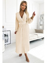 numoco 504-7 VIVIANA Plissiertes Midi-Kleid mit V-Ausschnitt, langen Ärmeln und breitem Gürtel - Hellbeige