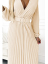 numoco 504-7 VIVIANA Plissiertes Midi-Kleid mit V-Ausschnitt, langen Ärmeln und breitem Gürtel - Hellbeige