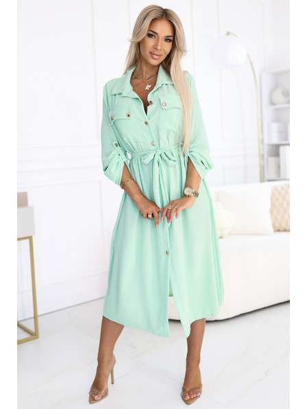 numoco 531-4 Midi-Hemdkleid mit goldenen Knöpfen und Krawatte - mintblau