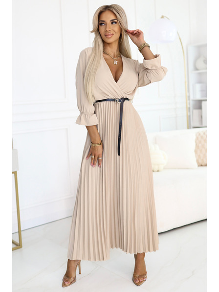 numoco 462-5 SERENA Plissiertes Maxi-Kleid mit Ausschnitt, Gürtel und 3/4-Ärmeln - DUNKEL BEIGE