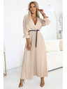 numoco 462-5 SERENA Plissiertes Maxi-Kleid mit Ausschnitt, Gürtel und 3/4-Ärmeln - DUNKEL BEIGE