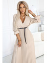 numoco 462-5 SERENA Plissiertes Maxi-Kleid mit Ausschnitt, Gürtel und 3/4-Ärmeln - DUNKEL BEIGE