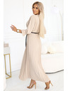 numoco 462-5 SERENA Plissiertes Maxi-Kleid mit Ausschnitt, Gürtel und 3/4-Ärmeln - DUNKEL BEIGE