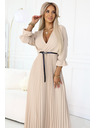 numoco 462-5 SERENA Plissiertes Maxi-Kleid mit Ausschnitt, Gürtel und 3/4-Ärmeln - DUNKEL BEIGE