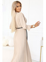 numoco 462-5 SERENA Plissiertes Maxi-Kleid mit Ausschnitt, Gürtel und 3/4-Ärmeln - DUNKEL BEIGE