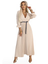 numoco 462-5 SERENA Plissiertes Maxi-Kleid mit Ausschnitt, Gürtel und 3/4-Ärmeln - DUNKEL BEIGE