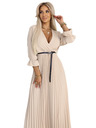 numoco 462-5 SERENA Plissiertes Maxi-Kleid mit Ausschnitt, Gürtel und 3/4-Ärmeln - DUNKEL BEIGE