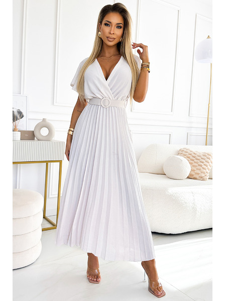 numoco 585-1 Plissiertes Sommer-Midi-Kleid mit Ausschnitt und breitem Gürtel - ecru