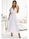 numoco 585-1 Plissiertes Sommer-Midi-Kleid mit Ausschnitt und breitem Gürtel - ecru