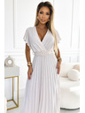 numoco 585-1 Plissiertes Sommer-Midi-Kleid mit Ausschnitt und breitem Gürtel - ecru